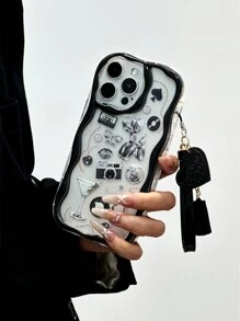 贴纸 TPU 黑色防震挂绳手机挂饰，奶油色纹理波浪边缘彩绘卡通 3D 装饰防摔手机壳，配手工串珠手链，兼容 XR/7/8、 16/16 Pro/16 Plus/16 Pro Max、 15 Pro Max、 13、14，柔软 TPU 保护壳，防水防震防刮，生日礼物 - 彩色 - 查看 4
