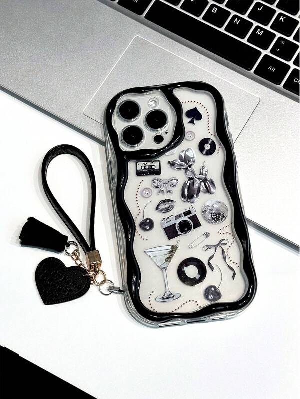 Funda protectora suave de TPU a prueba de agua, a prueba de golpes y resistente a los arañazos para iPhone XR/7/8, iPhone 16/16Pro/16Plus/16ProMax, iPhone 15ProMax, iPhone 13, 14, con colgante de teléfono con textura de crema, borde ondulado, decoración 3D de dibujos animados y pulsera hecha a mano con cuentas
