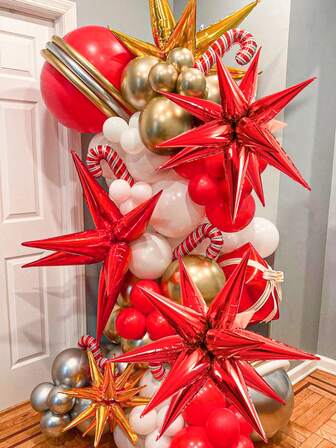 8pcs/Set Red Cone-Shaped Star Foil Balloons,3D Red Explosion Star Balloons, Suitable For Christmas Party, New Year Decoration, Single Ladies, Superhero Theme, Disco Party Decor, Party Balloon Decoration, Photo Booth Background, Graduation Ceremony, Anniversary, Party Supplies,Christmas