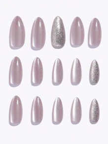 30 件长杏仁按压指甲，柔和裸色玻璃珍珠猫眼和闪亮银粉，超简约，适合女孩/女士派对、礼物、日常佩戴，含 1 件双面胶和 1 件指甲锉指甲用品 - 淡紫色 - 查看 6