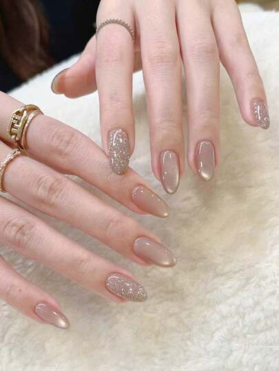 30Pcs Long Almond Press-On Nails, Gentle Nude Glass Pearl Cat Eye & Shiny Silver Powder, Ultra Minimalist, Suitable For Girls/Ladies Party, Gift, Daily Wear, With 1Pc Double-Sided Glue & 1Pc Nail File Nail Supplies Nails