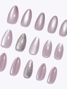30 件长杏仁按压指甲，柔和裸色玻璃珍珠猫眼和闪亮银粉，超简约，适合女孩/女士派对、礼物、日常佩戴，含 1 件双面胶和 1 件指甲锉指甲用品 - 淡紫色 - 查看 7