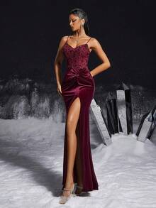 VIPGIRL Vintage Burgundy Velvet Sequin Decor High Slit Spaghetti Strap Party Dress, Women's Formal Evening Gown - Burgundy - View 4