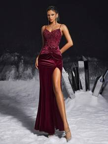 VIPGIRL Vintage Burgundy Velvet Sequin Decor High Slit Spaghetti Strap Party Dress, Women's Formal Evening Gown - Burgundy - View 5