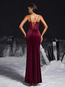 VIPGIRL Vintage Burgundy Velvet Sequin Decor High Slit Spaghetti Strap Party Dress, Women's Formal Evening Gown - Burgundy - View 2