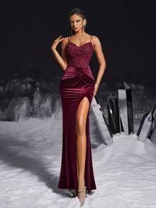 VIPGIRL Vintage Burgundy Velvet Sequin Decor High Slit Spaghetti Strap Party Dress, Women's Formal Evening Gown - Burgundy - View 3