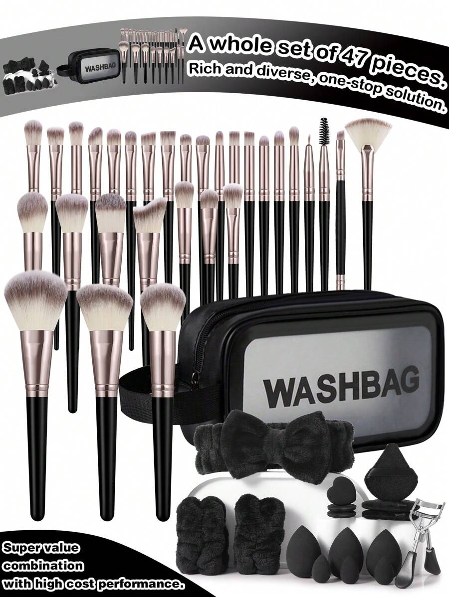 18-20-22-25-30PCS Makeup Brush Set+1pc Multi-Functional Zipper Toiletry And Cosmetic Bag Waterproof+3PCS Makeup Sponges +3PCS Mini Makeup Sponges +3PCS Triangle Powder Puffs+3PCS Mini Air Cushion Powder Puffs+1pc Hairband +2PCS Hand Bowl Strap+1pc Eyelash Curler - 彩色 - 查看 1
