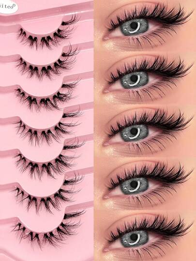  Asiteo 7对装自然款假睫毛，凌乱交叉设计，透明睫毛梗，短款，打造浓密眼妆。假睫毛，睫毛，假睫毛，假睫毛