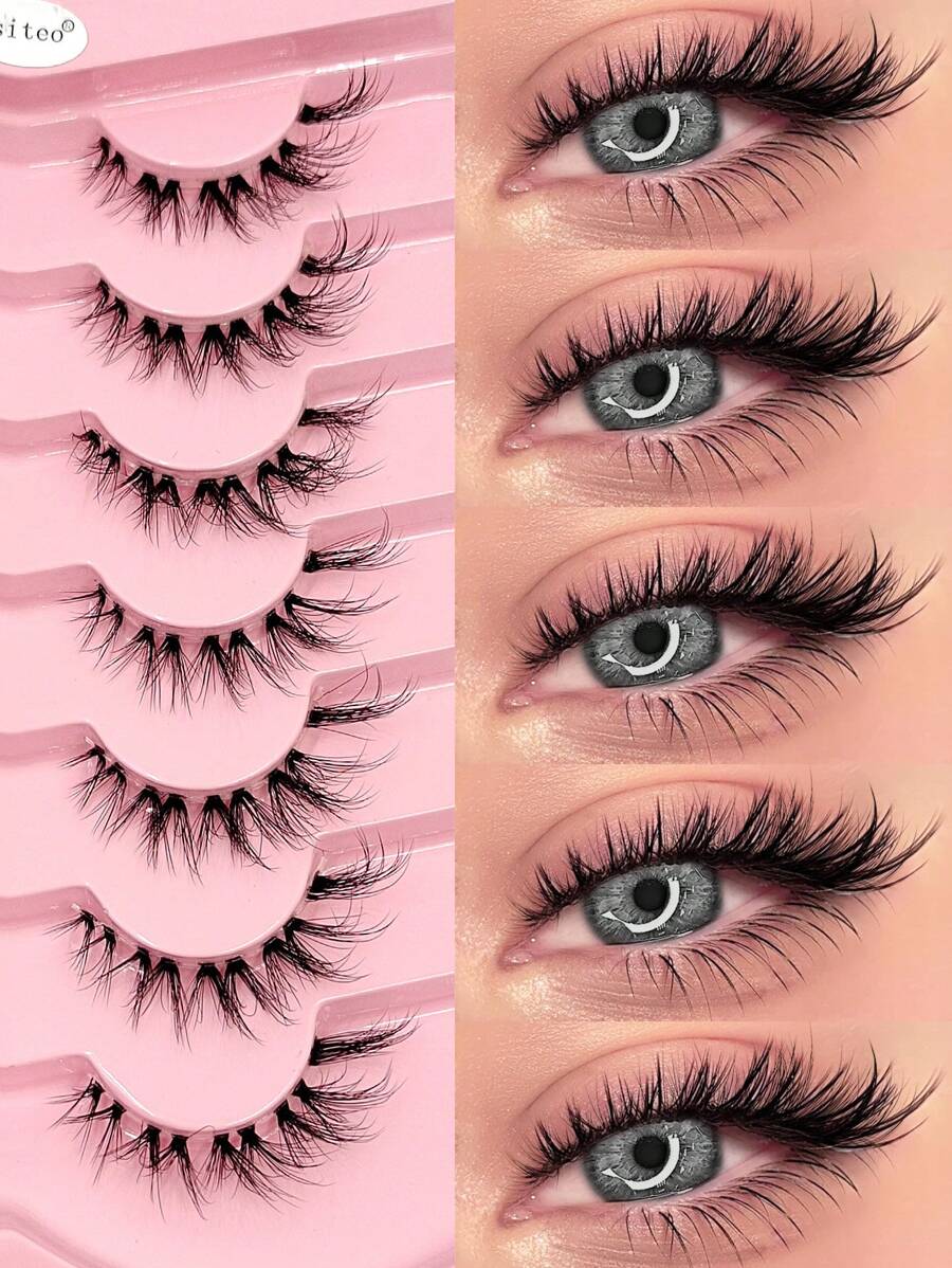 Asiteo 7对装自然款假睫毛，凌乱交叉设计，透明睫毛梗，短款，打造浓密眼妆。假睫毛，睫毛，假睫毛，假睫毛