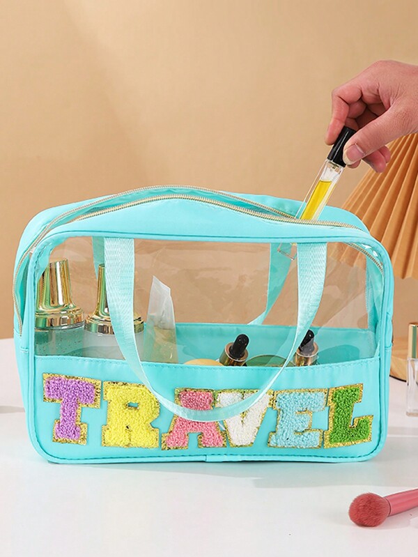Grande bolsa de maquiagem de viagem multifuncional à prova d'água, bolsa organizadora de cosméticos transparente com letras brilhantes portátil para mulheres, bolsa de higiene pessoal