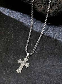 欧美时尚INS复古朋克风水钻吊坠项链不锈钢绳链男女通用简约潮人嘻哈设计 - 銀色 - 查看 3