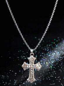 欧美时尚INS复古朋克风水钻吊坠项链不锈钢绳链男女通用简约潮人嘻哈设计 - 銀色 - 查看 1