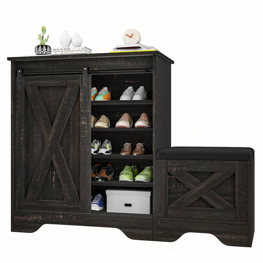 Shoe With Sliding Door & Shoe Bench,Farmhouse Narrow Slim 5