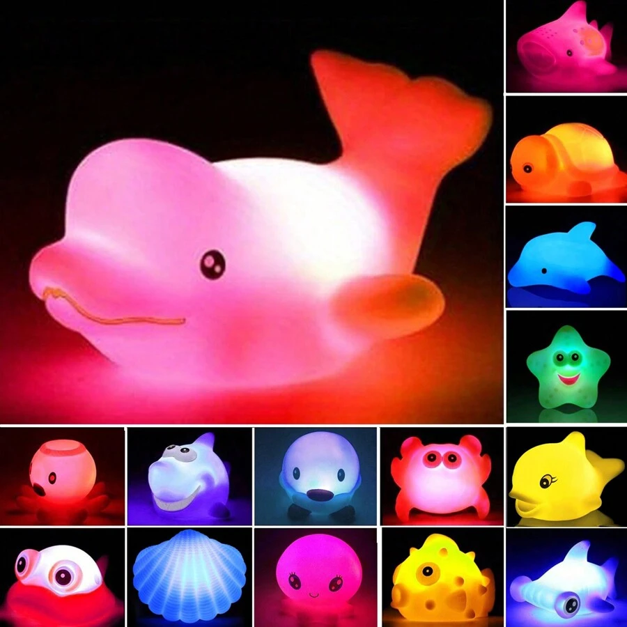 发光水池沐浴玩具套装，儿童漂浮橡胶水上玩具，儿童男孩女孩泳池浴缸淋浴玩具，圣诞节生日，浴灯，海豚玩具，男孩玩具>儿童泳池玩具 - 彩色 - 查看 1