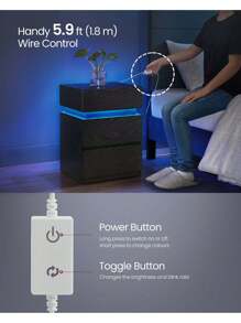 VASAGLE Bedside Table With LED Lights, Adjustable Light Colours, 3 Drawers, Side Table, Modern Style, Ebony Black - Black - View 4