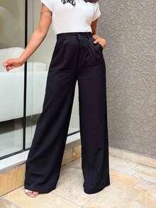 Women's Wide Leg Pants // Marrant Fabric Pants // BL96 - 黑色 - 查看 2