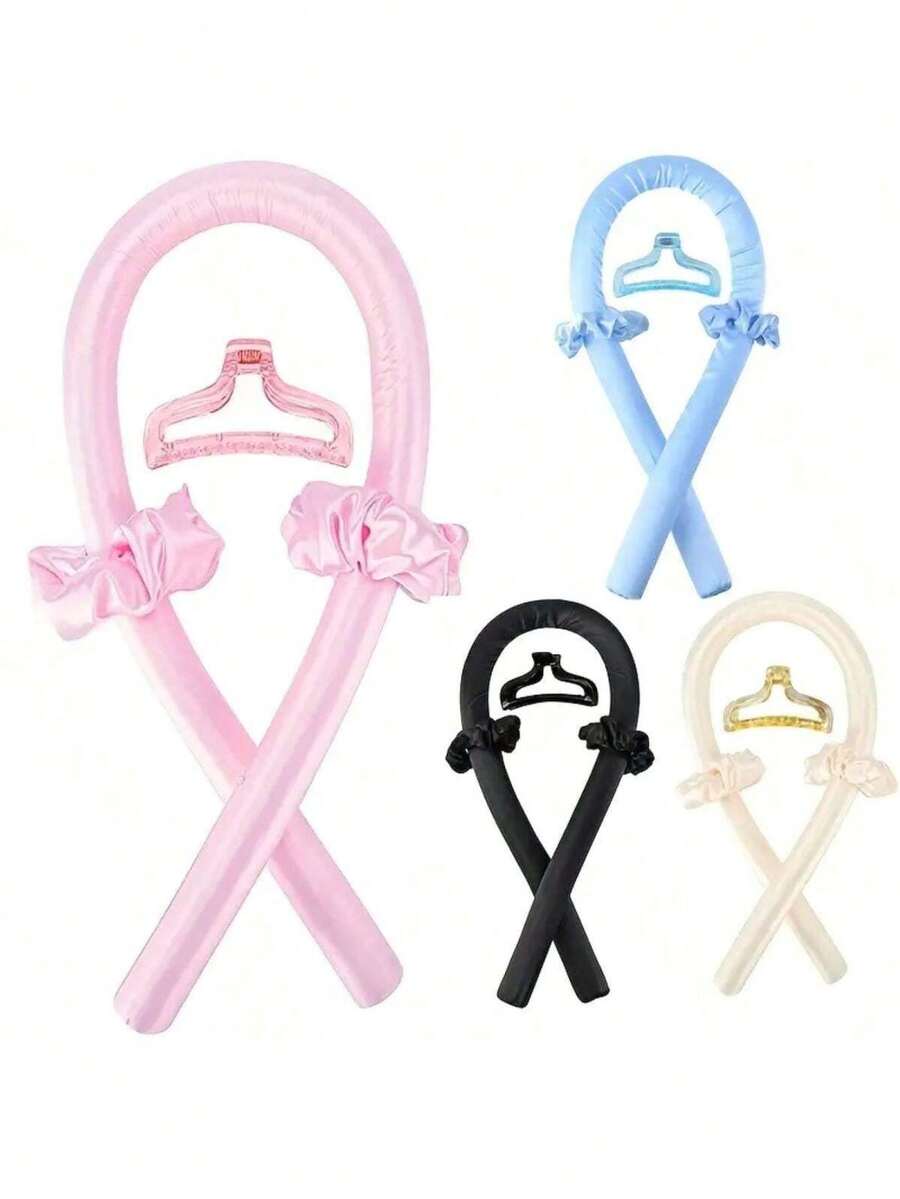 4 件套免加热卷发套装，带发夹的卷发棒头带，弹性发带，柔软的 DIY 波浪卷发造型工具，适用于中长卷发，非常好用的卷发编织工具