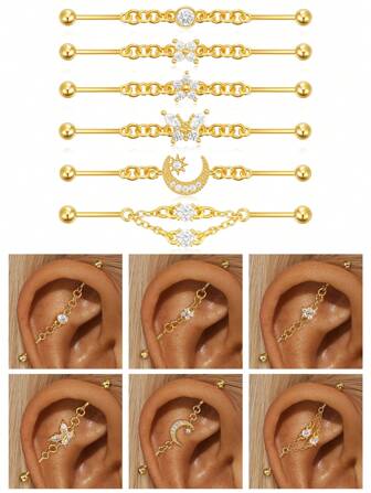 1PC 925 Srebro Sterling Delikatne Gwiazdki Księżyc Kwiat Kolczyki Przemysłowe Chrząstka Sztanga Piercing Biżuteria Z Łańcuchem Wiszącym Dla Kobiet Codzienne Noszenie Wesele Impreza (Tylko 1PC)