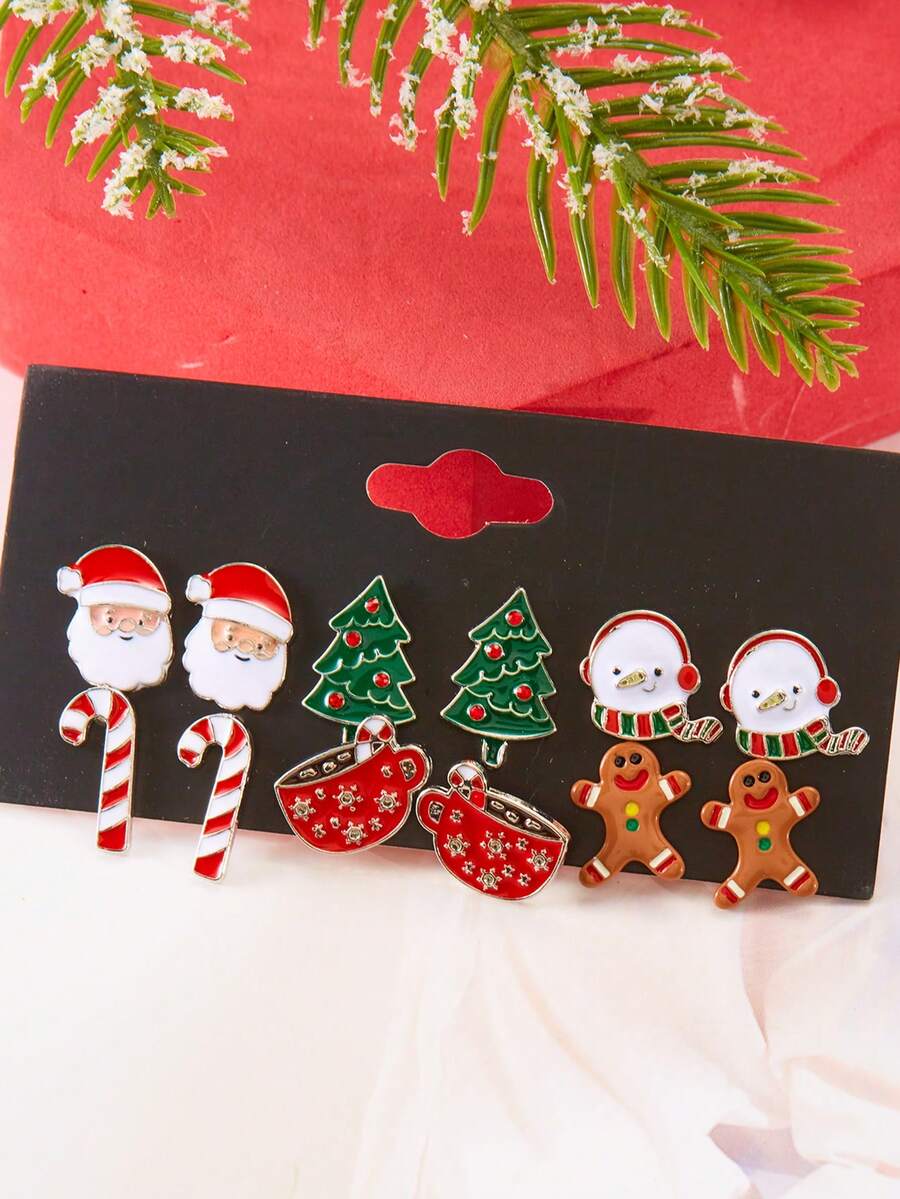 6pairs Christmas Tree, Santa Claus, Snowman, Gingerbread Themed Earrings Set SHEIN USA