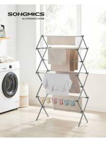 SONGMICS Foldable Clothes Airer, Clothes Drying Rack, Compact Clothes Horse Dryer, Laundry Rack, Steel Frame, Easy Assembly, Indoor Outdoor Use, Grey - Grey - View 2