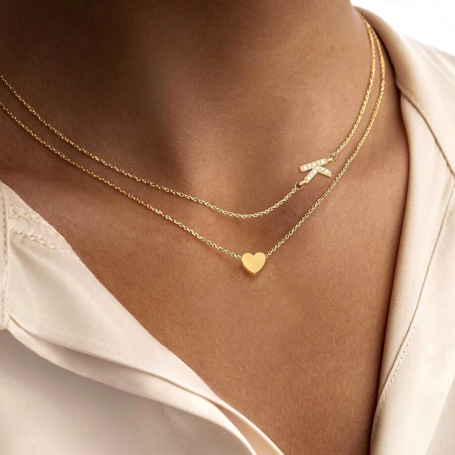 Bộ 2 dây chuyền mặt dây chuyền hình trái tim và chữ cái bằng thép không gỉ dành cho nữ. - Phong cách 2 - Xem 1