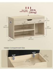 VASAGLE Shoe Bench With Cushion, Storage Bench With Padded Seat, 3 Compartments, Hidden Storage, Shelves, Living Room Lounge Hallway Bedroom, Load Capacity 150 Kg, Beige - Beige - View 4