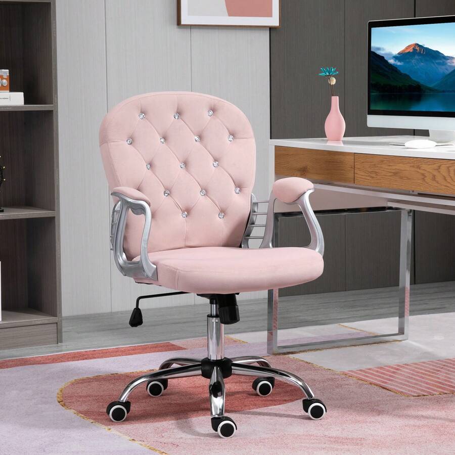 Vinsetto Office Chair, Swivel Desk Chair, Velvet Vanity Chair With Adjustable Height And Rolling Wheels For Home Work Study - Pink - View 1