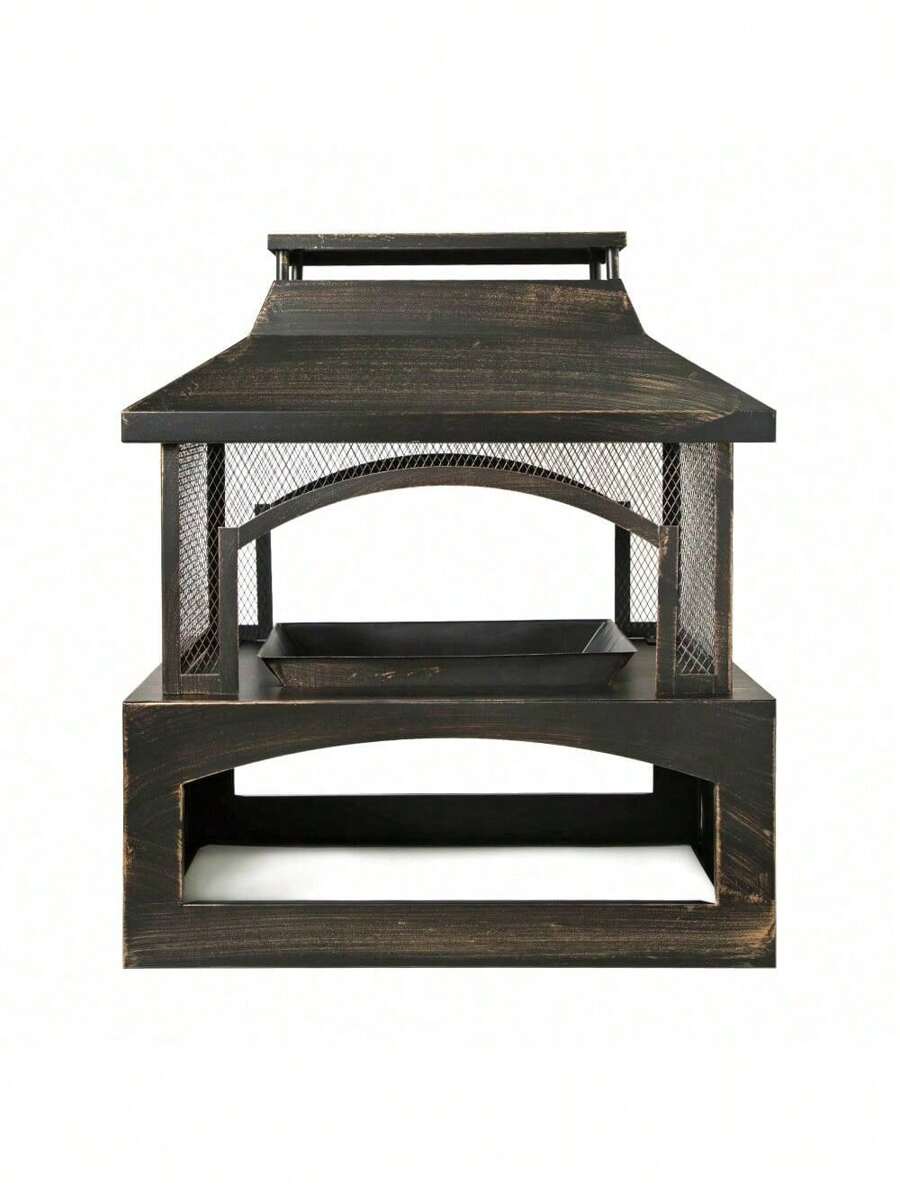 37-Inch Rectangular Metal Outdoor Wood Burning Fireplace - Outdoor Fireplace With Built-In Log Storage And Poker-Brushed Bronze,Log Burner Fire Pit For Patio Garden And Backyard,Nestify