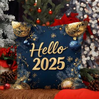 1 件 17.7 英寸 X17.7 英寸 (45x45cm) 圣诞快乐 2025 新年蓝色和金色圣诞文字抱枕套（单面印花），沙发、床、汽车家居装饰靠垫 - 毛绒桃色天鹅绒（不含枕芯），适合日常使用，高端简约自用，客厅、沙发、卧室、汽车装饰枕套