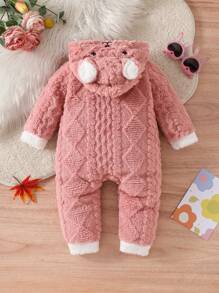新生女宝宝可爱刺绣连帽休闲连体衣，秋冬款 - 粉色 - 查看 2