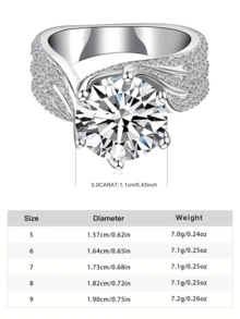 5 克拉奢华合成莫桑石订婚戒指 925 纯银女式戒指，配礼盒