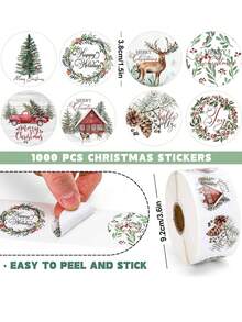 1 rouleau Autocollants de Noël Joyeux, Autocollants de Sceau d'Arbre de Noël, de Forêt, de Cerf Autoadhésifs, Autocollants d'Étiquette à Motif de Noël Rond pour Sceaux, Cartes, Cadeaux, Enveloppes de Noël