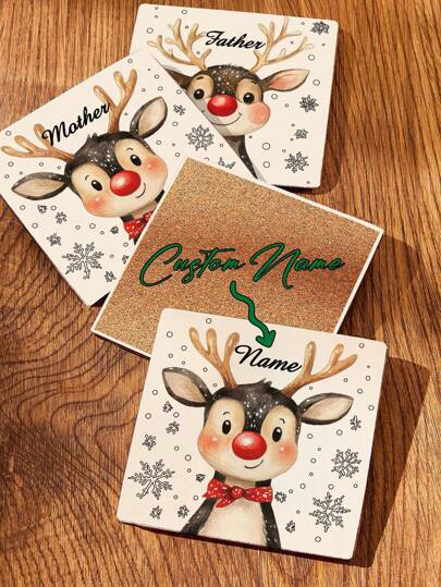 1 pieza Posavasos de cerámica personalizado con estampado de ciervos navideños, regalo ideal para amigos y familia. Personalizado con su nombre, base de mesa redonda, posavasos, tapete para taza de café, alfombrilla antideslizante personalizada, decoración de cocina