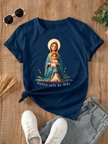 Women's Printed T-Shirt Santo Colo De Mãe - 藏蓝色 - 查看 1