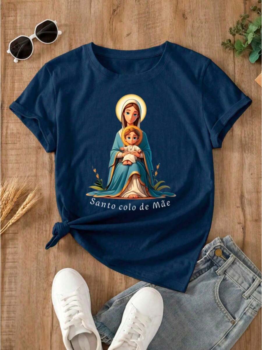 Women's Printed T-Shirt Santo Colo De Mãe - 藏蓝色 - 查看 1