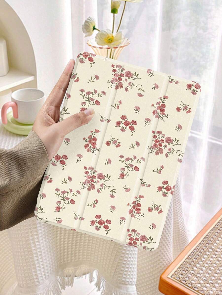 苹果美学玫瑰花朵保护壳兼容 iPad 10.2 英寸 2021/2020 iPad 第 9/8 代，兼容三星 Galaxy Tab A8 10.5 英寸 2022，标签保护套，带笔架，支持自动睡眠/唤醒盖花保护壳 - 彩色 - 查看 1