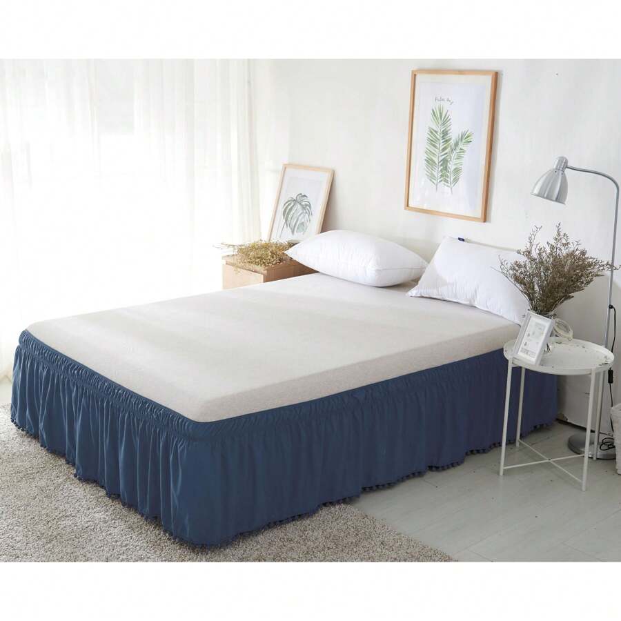 Mocassi 1-Piece 16 Inch Wrap Around Elastic Style Pom Pom Bed Skirts - 海軍 - 查看 1