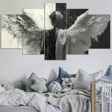 5 piezas/Juego de póster de lienzo enmarcado, pintura de alas de ángel en blanco y negro, arte de pared de lienzo, pintura de arte para regalo, dormitorio, oficina, sala de estar, cafetería, bar, decoración de pared, decoración del hogar y la residencia, pósters, arte de pared, artículos de decoración de habitación