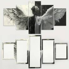 5 piezas/Juego de póster de lienzo enmarcado, pintura de alas de ángel en blanco y negro, arte de pared de lienzo, pintura de arte para regalo, dormitorio, oficina, sala de estar, cafetería, bar, decoración de pared, decoración del hogar y la residencia, pósters, arte de pared, artículos de decoración de habitación