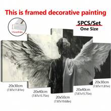 5 piezas/Juego de póster de lienzo enmarcado, pintura de alas de ángel en blanco y negro, arte de pared de lienzo, pintura de arte para regalo, dormitorio, oficina, sala de estar, cafetería, bar, decoración de pared, decoración del hogar y la residencia, pósters, arte de pared, artículos de decoración de habitación