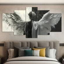 5 piezas/Juego de póster de lienzo enmarcado, pintura de alas de ángel en blanco y negro, arte de pared de lienzo, pintura de arte para regalo, dormitorio, oficina, sala de estar, cafetería, bar, decoración de pared, decoración del hogar y la residencia, pósters, arte de pared, artículos de decoración de habitación