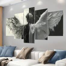 5 piezas/Juego de póster de lienzo enmarcado, pintura de alas de ángel en blanco y negro, arte de pared de lienzo, pintura de arte para regalo, dormitorio, oficina, sala de estar, cafetería, bar, decoración de pared, decoración del hogar y la residencia, pósters, arte de pared, artículos de decoración de habitación
