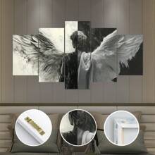 5 piezas/Juego de póster de lienzo enmarcado, pintura de alas de ángel en blanco y negro, arte de pared de lienzo, pintura de arte para regalo, dormitorio, oficina, sala de estar, cafetería, bar, decoración de pared, decoración del hogar y la residencia, pósters, arte de pared, artículos de decoración de habitación
