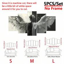 5 piezas/Juego de póster de lienzo enmarcado, pintura de alas de ángel en blanco y negro, arte de pared de lienzo, pintura de arte para regalo, dormitorio, oficina, sala de estar, cafetería, bar, decoración de pared, decoración del hogar y la residencia, pósters, arte de pared, artículos de decoración de habitación