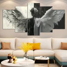 5 piezas/Juego de póster de lienzo enmarcado, pintura de alas de ángel en blanco y negro, arte de pared de lienzo, pintura de arte para regalo, dormitorio, oficina, sala de estar, cafetería, bar, decoración de pared, decoración del hogar y la residencia, pósters, arte de pared, artículos de decoración de habitación