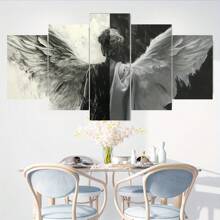 5 piezas/Juego de póster de lienzo enmarcado, pintura de alas de ángel en blanco y negro, arte de pared de lienzo, pintura de arte para regalo, dormitorio, oficina, sala de estar, cafetería, bar, decoración de pared, decoración del hogar y la residencia, pósters, arte de pared, artículos de decoración de habitación