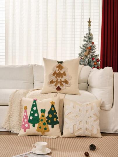 1 pieza Funda de cojín decorativo navideño, Funda de cojín con árbol de Navidad, bordado de bolsa de agujas, con copos de nieve, lienzo natural, color marfil, estilo moderno, para decoración de invierno, decoración de sala de estar, funda de cojín para sofá, decoración navideña para el hogar, suave, decoración de ropa de cama