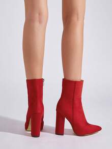 Giày bốt cao đến giữa bắp chân, mũi nhọn, có khóa kéo, chất liệu da lộn giả màu đỏ, thời trang đa năng hàng ngày - Đỏ - Xem 5