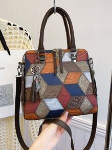 Patchwork Vintage Elegant Handbag For Women Daily Commute - Multicolor - View 1