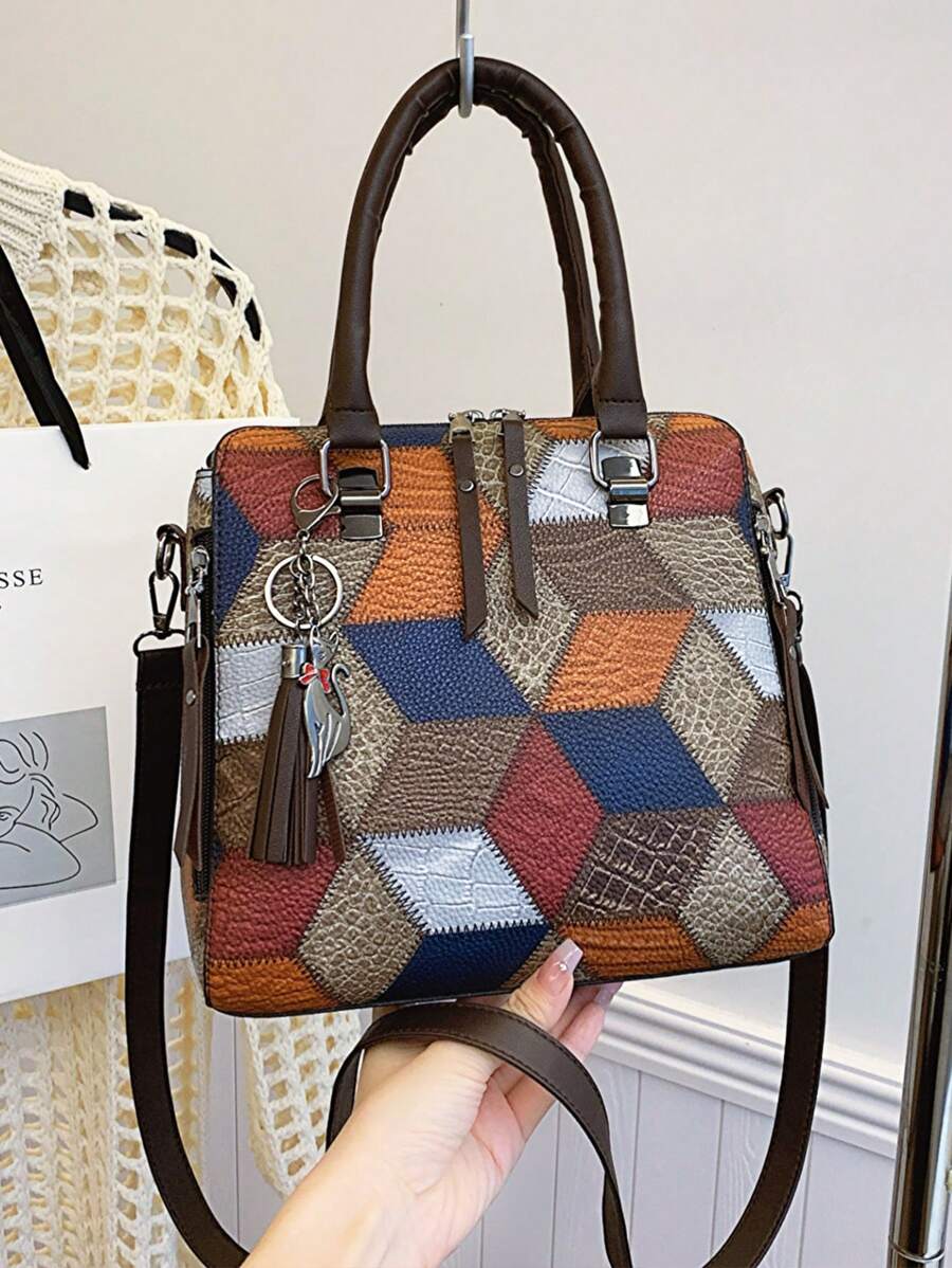 Patchwork Vintage Elegant Handbag For Women Daily Commute - Multicolor - View 1